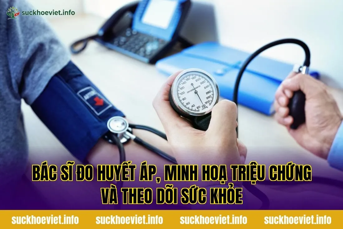 Bác sĩ đo huyết áp, minh hoạ triệu chứng và theo dõi sức khỏe