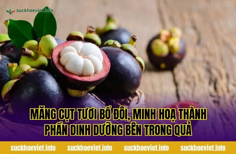 Măng cụt tươi bổ đôi, minh hoạ thành phần dinh dưỡng bên trong quả